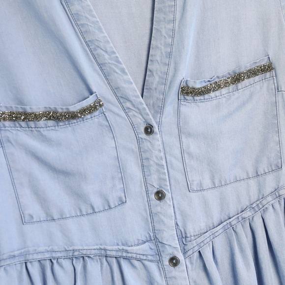 Dex chambray dress roll tab sleeve XS glitter pockets trim short mini tencel - Picture 7 of 9